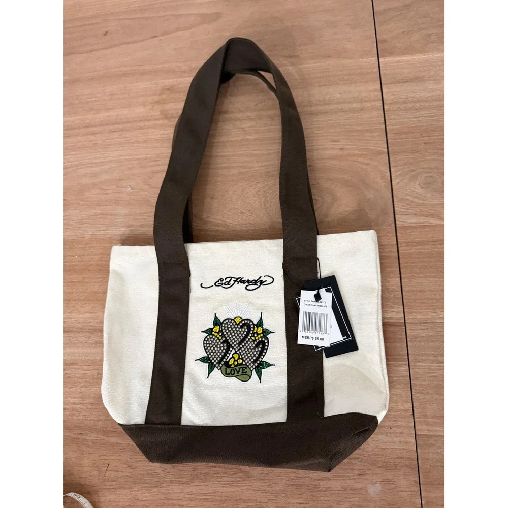 Ed Hardy Tan Chocolate Canvas Tote Bag Rhinestone Love Hearts NWT